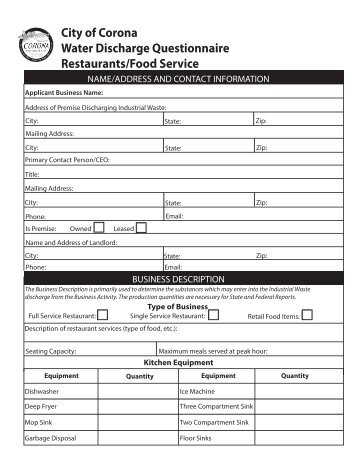 City of Corona Water Discharge Questionnaire Restaurants/Food Service