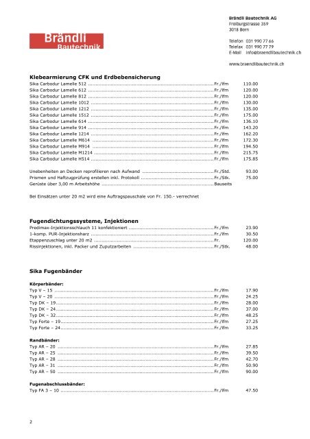 Preisliste 2009 Neue Kittfugen, inklusive Vorbehandlung ...