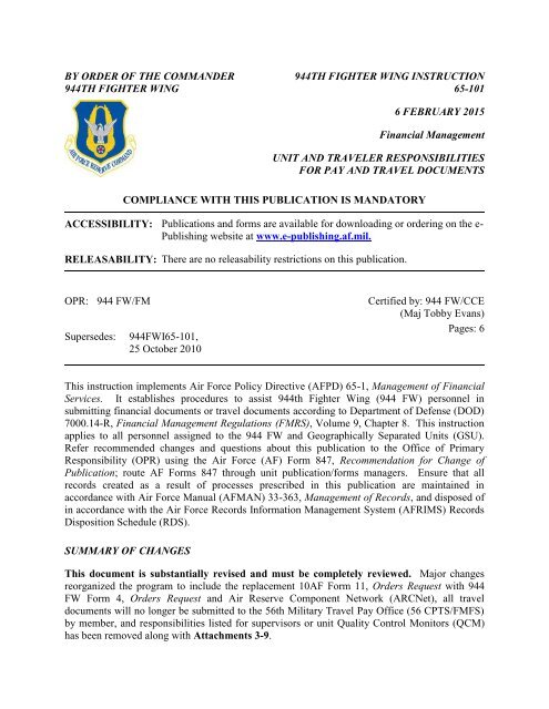 BY ORDER OF THE COMMANDER 944TH ... - Air Force Link