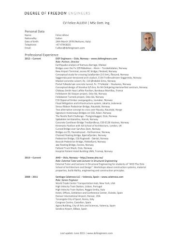 Personal Data CV Felice ALLIEVI | MSc Dott Ing Professional Experience