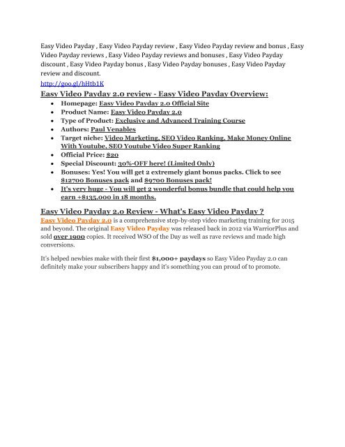 Easy Video Payday Review & HUGE $23800 Bonuses