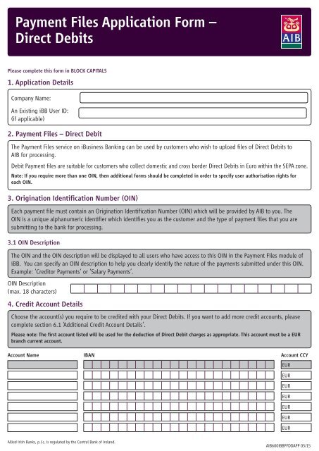 Payment Files Application Form – Direct Debits