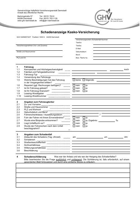 Schadenanzeige Kasko-Versicherung mit ... - GHV Darmstadt