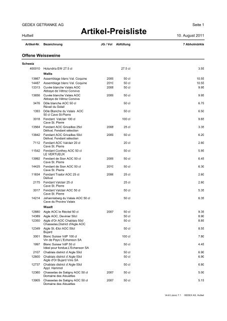 Artikel-Preisliste - Gedex Getränke AG