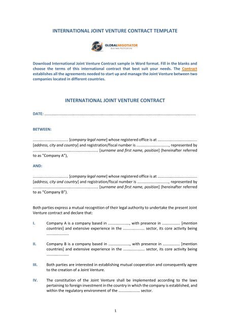 International Joint Venture Contract Template Global Negotiator International Joint Venture Contract Template Global Negotiator