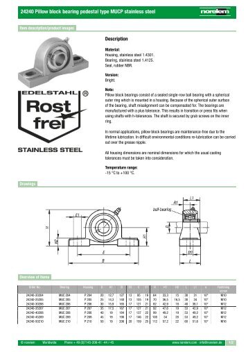 24240 Pillow block bearing pedestal type MUCP stainless steel