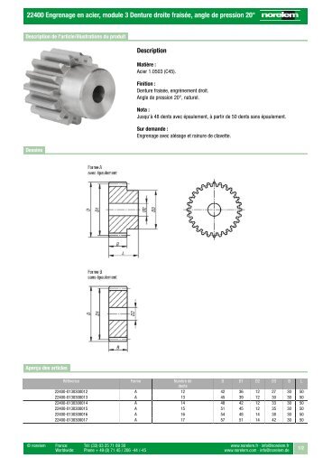 22400 Engrenage en acier module 3 Denture droite fraisée angle de pression 20°