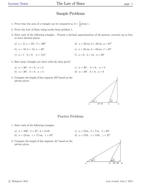 The Law Of Sines Sample Problems