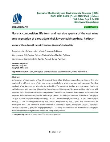 Floristic composition, life form and leaf size spectra of the coal mine area vegetation of darra adam khel, khyber pakhtonkhwa, Pakistan