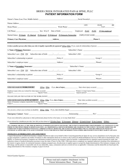 BRIER CREEK INTEGRATED PAIN & SPINE PLLC PATIENT INFORMATION FORM