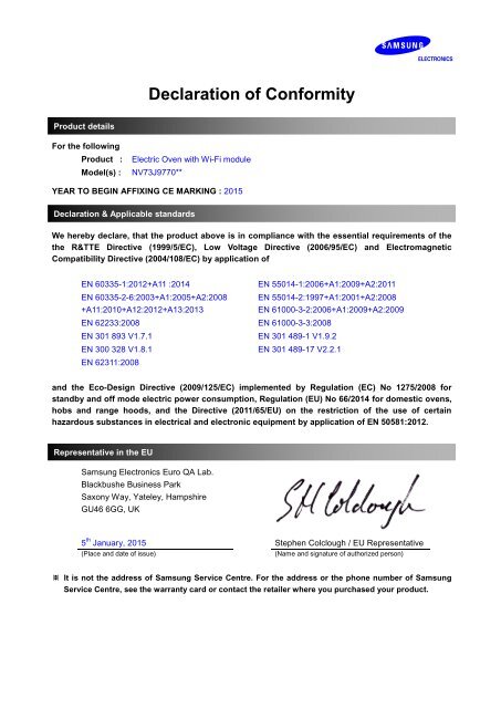 Samsung Forno Gourmet Vapour Cook NV73J9770RS - DoC(Declaration of  Conformity)_0.01MB, pdf, ENGLISH