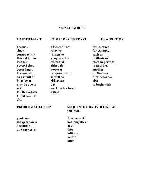 cause and effect signal words and phrases