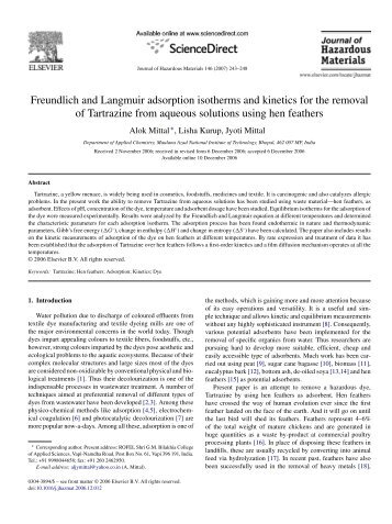 Freundlich and Langmuir adsorption isotherms and kinetics for the ...