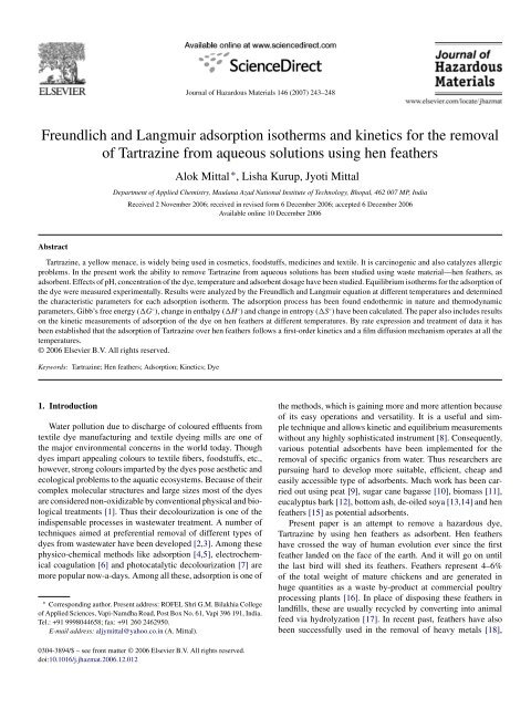 Freundlich and Langmuir adsorption isotherms and kinetics for the ...