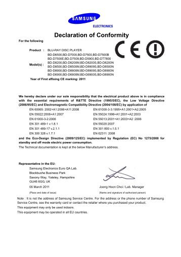 Samsung BD-D6900 - CE DoC_0.07 MB, pdf, FRENCH, ITALIAN, PORTUGUESE(European), SPANISH