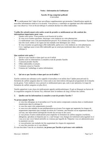 03-01-2014 Page 1 sur 9 Notice : information de l'utilisateur Xarelto ...