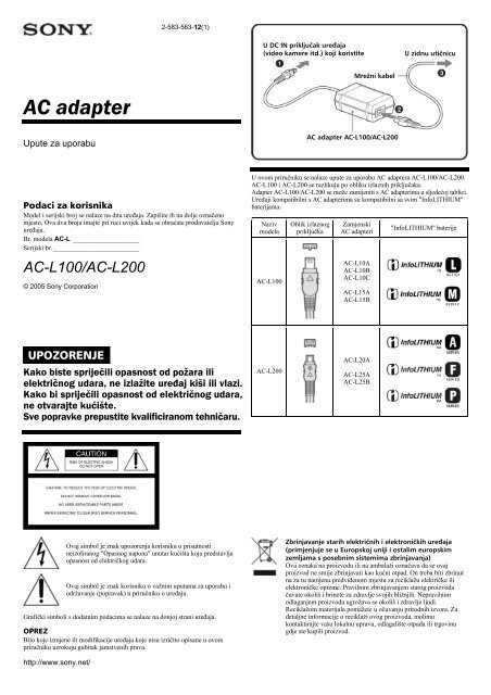 Sony AC-L100 - AC-L100 Istruzioni per l'uso Croato