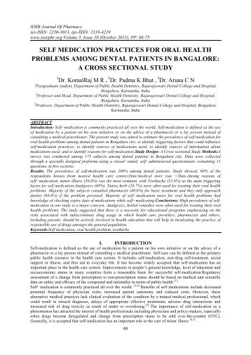 SELF MEDICATION PRACTICES FOR ORAL HEALTH PROBLEMS AMONG DENTAL PATIENTS IN BANGALORE: A CROSS SECTIONAL STUDY