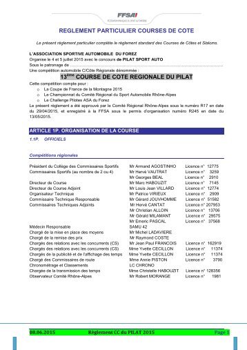 REGLEMENT PARTICULIER COURSES DE COTE 13 COURSE DE COTE REGIONALE DU PILAT