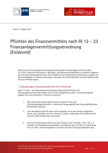 Merkblatt Pflichten Finanzanlagenvermittler - zum IHK-Vermittlerportal