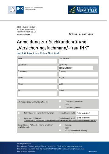 Anmeldung zur Sachkundeprüfung „Versicherungsfachmann/-frau IHK“