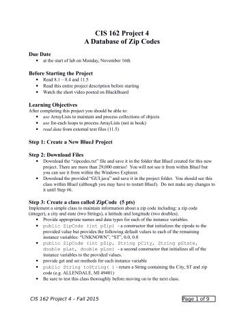 CIS 162 Project 4 A Database of Zip Codes