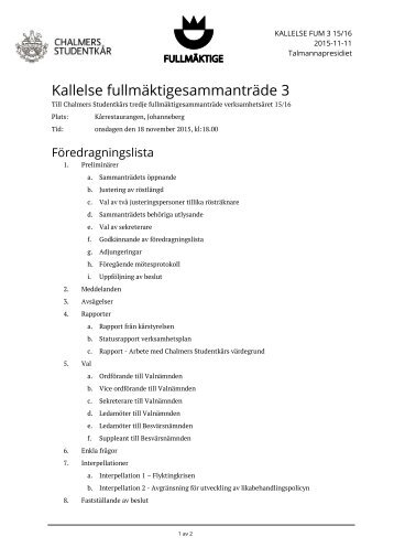 Kallelse fullmäktigesammanträde 3