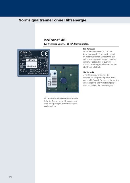 IsoTrans® 46 Normsignaltrenner ohne Hilfsenergie - Knick