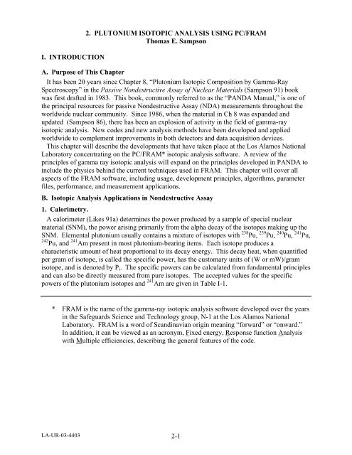 Plutonium Isotopic Analysis Using PC/FRAM - Los Alamos National ...