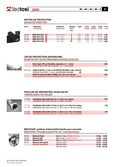 Prix Courant Preisliste 2009 - Isotosi