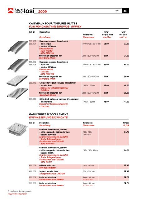 Prix Courant Preisliste 2009 - Isotosi