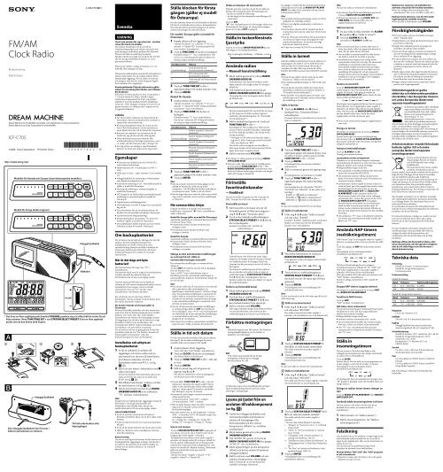 Sony ICF-C705 - ICF-C705 Istruzioni per l'uso Svedese