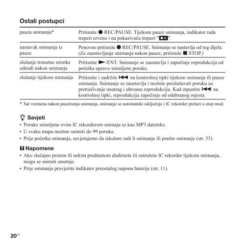 Sony ICD-UX300 - ICD-UX300 Istruzioni per l'uso Croato