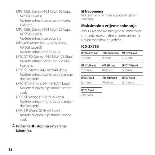 Sony ICD-SX850 - ICD-SX850 Istruzioni per l'uso Croato