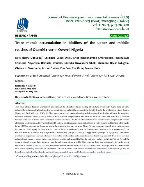 Trace metals accumulation in biofilms of the upper and middle reaches of Otamiri river in Owerri, Nigeria