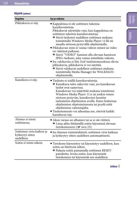 Sony NWZ-S739F - NWZ-S739F Istruzioni per l'uso Finlandese