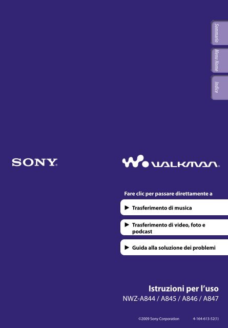 Sony NWZ-A846 - NWZ-A846 Istruzioni per l'uso Italiano