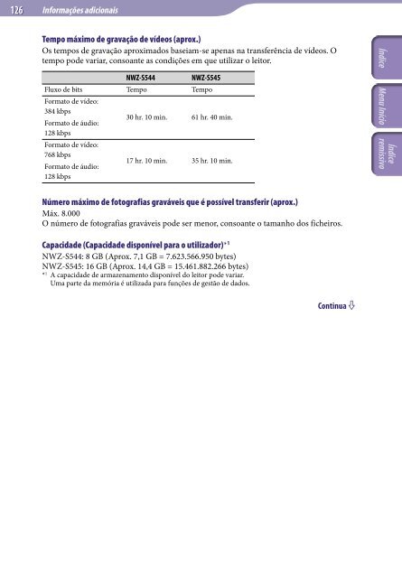 Sony NWZ-S545 - NWZ-S545 Istruzioni per l'uso Portoghese