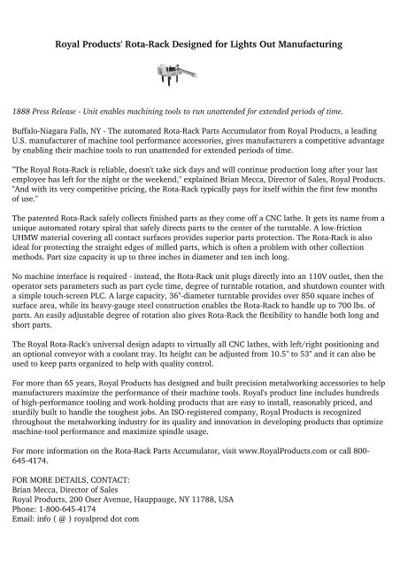 Royal Products' Rota-Rack Designed for Lights Out Manufacturing