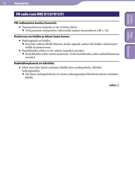 Sony NWZ-B153 - NWZ-B153 Istruzioni per l'uso Finlandese