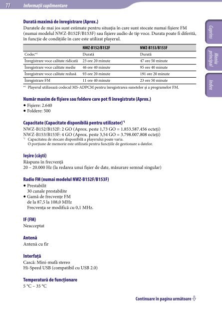 Sony NWZ-B152F - NWZ-B152F Istruzioni per l'uso Rumeno