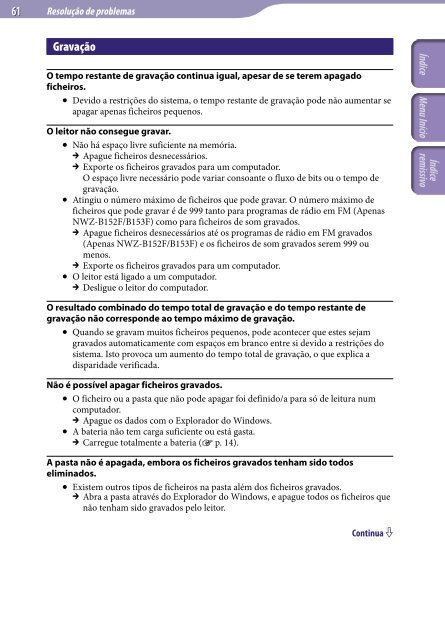 Sony NWZ-B152F - NWZ-B152F Istruzioni per l'uso Portoghese