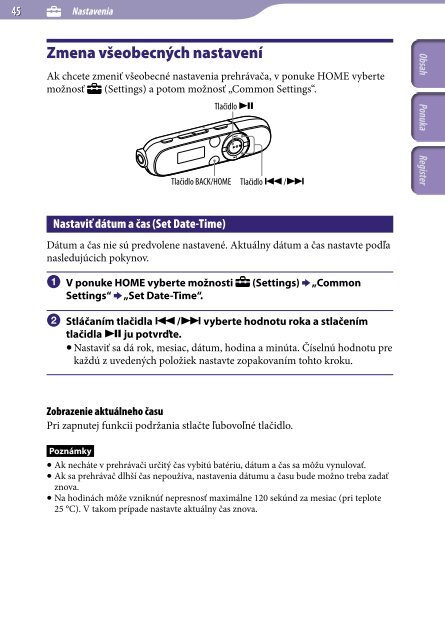 Sony NWZ-B143 - NWZ-B143 Istruzioni per l'uso Slovacco