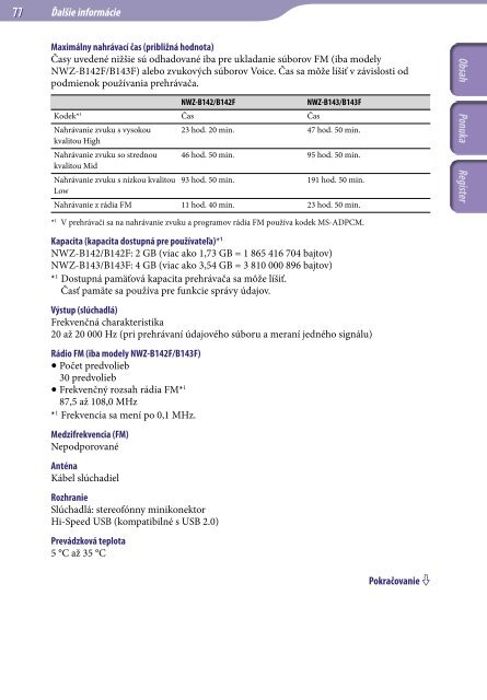 Sony NWZ-B143 - NWZ-B143 Istruzioni per l'uso Slovacco