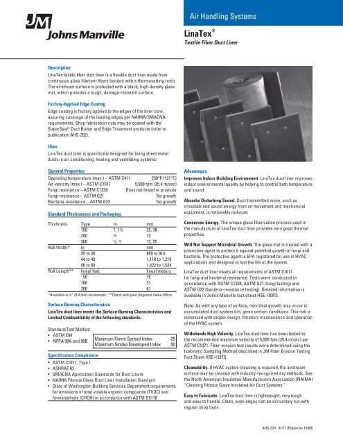 Johns Manville LinaTex Textile Fiber Duct Liner Data Sheet