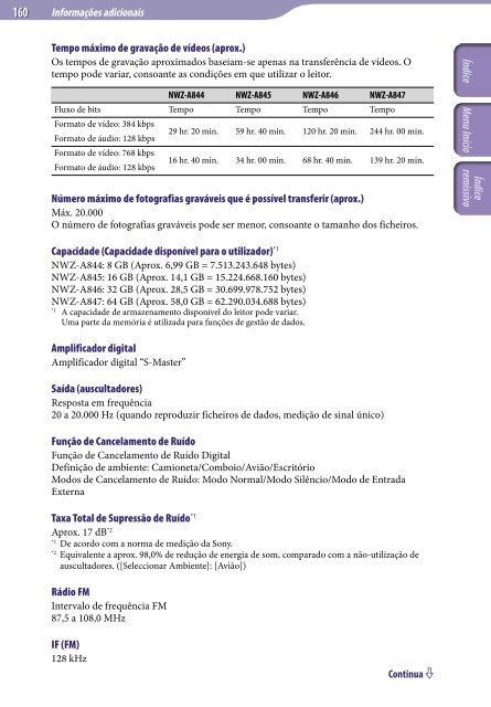 Sony NWZ-A845 - NWZ-A845 Istruzioni per l'uso Portoghese