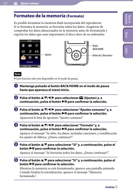 Sony NWZ-S639F - NWZ-S639F Istruzioni per l'uso Spagnolo