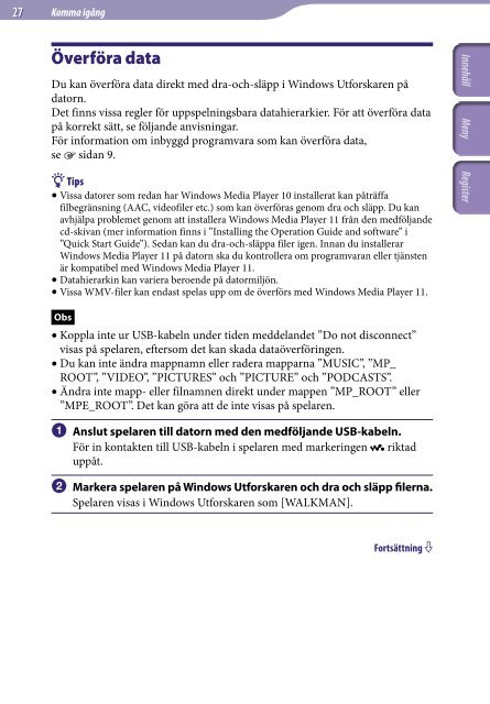 Sony NWZ-S639F - NWZ-S639F Istruzioni per l'uso Svedese