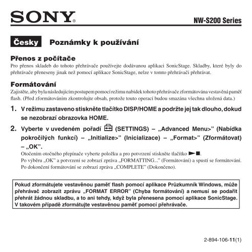 Sony NW-S202 - NW-S202 Istruzioni per l'uso Ceco
