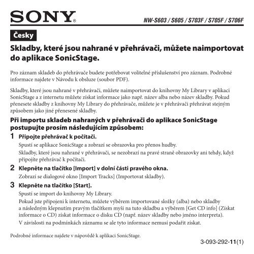 Sony NW-S703F - NW-S703F Istruzioni per l'uso Ceco